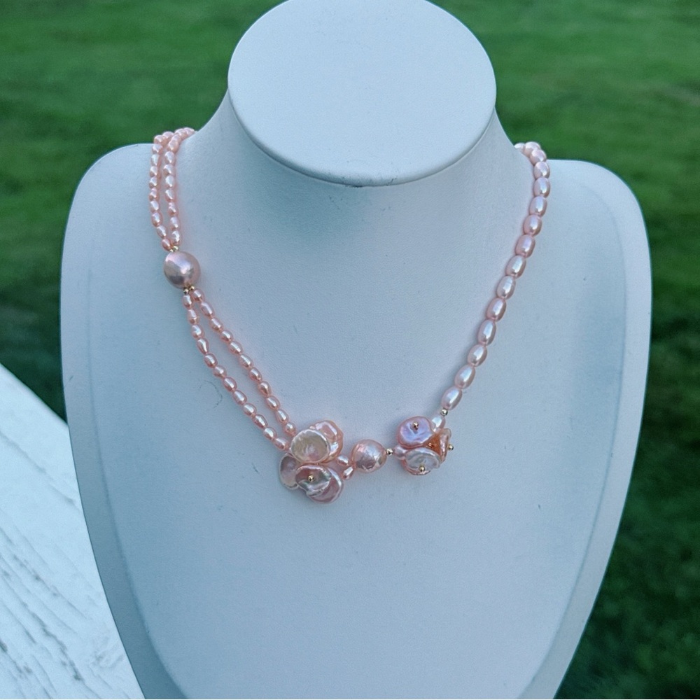 X609 Handmade Freshwater Baroque Pearl Necklace Golden Peach Color